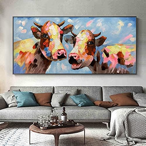 Wunm Studio CE CE Pintura a óleo pintada à mão Sala de estar horizontal Sofá fundo decoração de parede pintando animal mural de vaca moderna minimalista artesanal, cor, 110x220cm