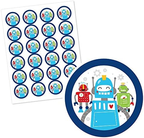 Big Dot of Happiness Gear Up Robots - Festa de aniversário ou etiquetas de adesivos de círculo de chá de bebê - 24 contagem