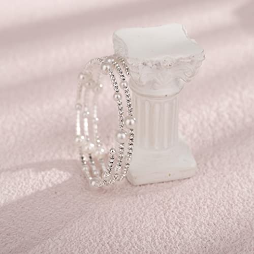 Yertter Wedding Prata 3 fila Pérola pérola bracelete de bracelete glitter tênis Cadeia de estiramento de punho de punho de punho de punho para mulheres noivas