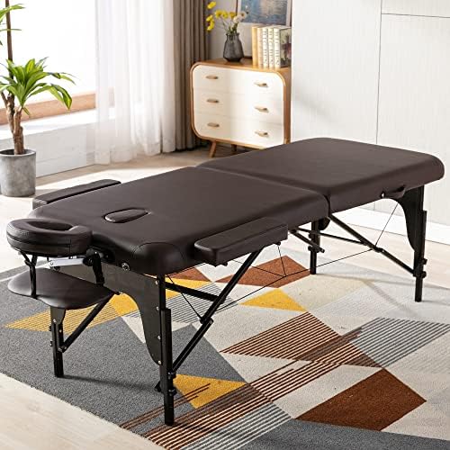 ZSEDP Bed de massagem portátil PU Spa de couro Spa 84x38x24-35 polegadas 2 Seção Tabela de massagem dobrável ajustável marrom