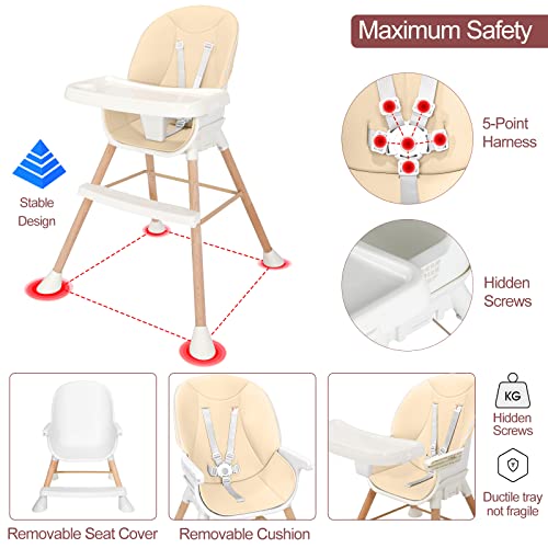 Rietore 3-em-1 Baby High Chair com bandeja dupla removível Modern Wooden Highchair com pernas ajustáveis ​​para bebês infantis crianças crianças bege