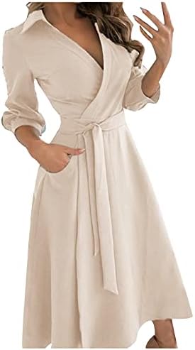 Vestidos de primavera para mulheres, moda feminina de lapela casual de cor sólida de sete partes de manga longa vestidos