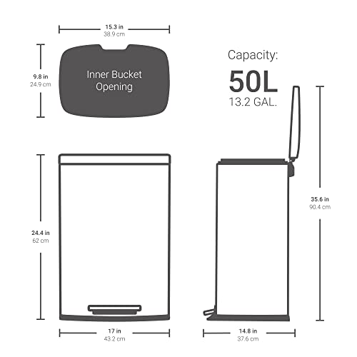 Bosce Stage retangular lixo lata de 3 peças combinada, 13,2 gal, dois 1,3 gal, aço inoxidável