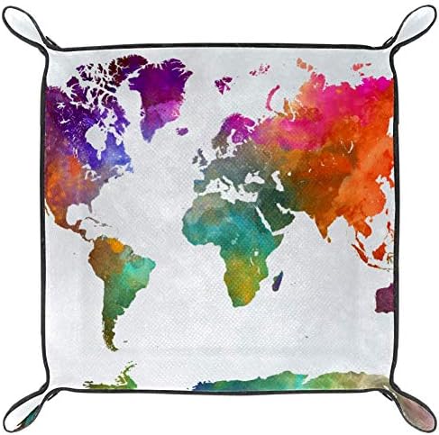 AISSO Aquarela Rainbow World Mapa Organizador de bandeja de manobrista de couro para carteiras, relógios, chaves, moedas, telefones celulares e equipamentos de escritório