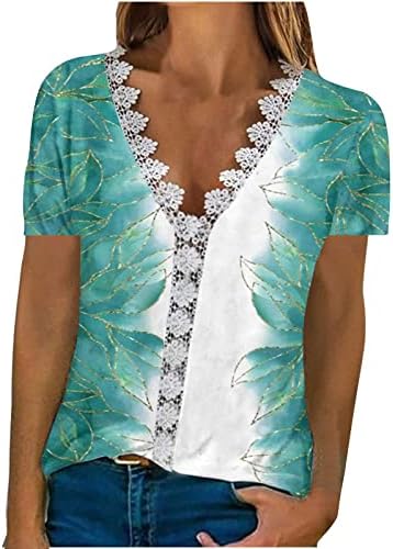 Tampas estampadas florais de verão para mulheres de crochê de crochê com túnica de túnica de pescoço camisetas de manga curta de manga curta