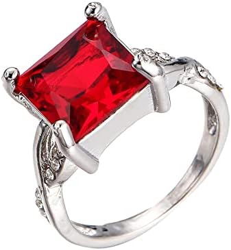 Anéis para adolescentes anel de gem vermelho anel prateado quadrado em forma de corte moderno de mulher deslumbrante anel