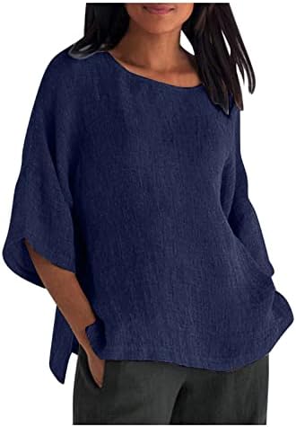 Tampas de linho de algodão de tamanho grande para mulheres de manga curta V Tees de túnica de pescoço moda Blusa de bolso sólido de camisa sólida