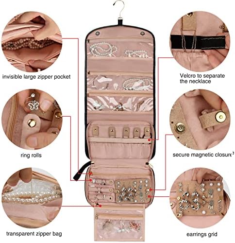 Viajar jóias Organizador Rolo com bolsos de zíper grande capa de bolsa de joias suspensa para anéis, brincos, colares, pulseiras,
