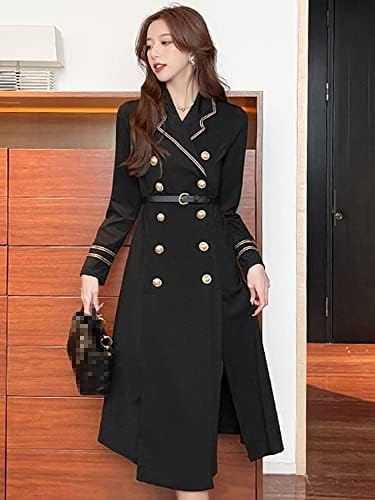 Hsqibaoer primavera outono casaco feminino casaco preto Bolsos de cinto de peito duplo formal Femme