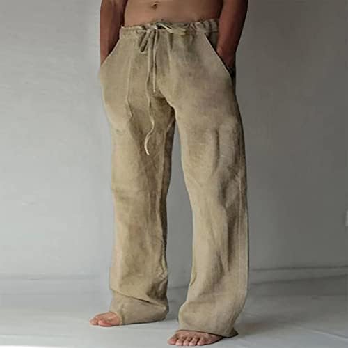 Calças de linho de algodão de verão masculino bolsos folgados calças elásticas da cintura