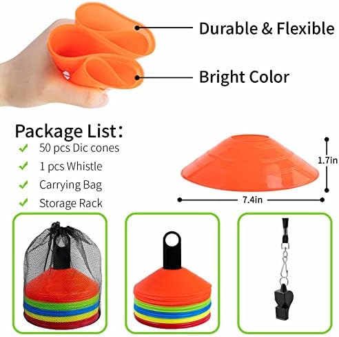 Vousile Agility Soccer Cones, 50 Pacote diferentes cones de disco coloridos com bolsa de transportadora e apito para treinamento esportivo, treino de futebol, brocas de cones de basquete