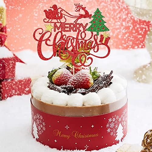 Feliz Christmas Cake Topper ， Papai Noel RENEDER RENEDER Árvore de Natal Festas de Festas de Férias de Férias Topper, Glitter vermelho