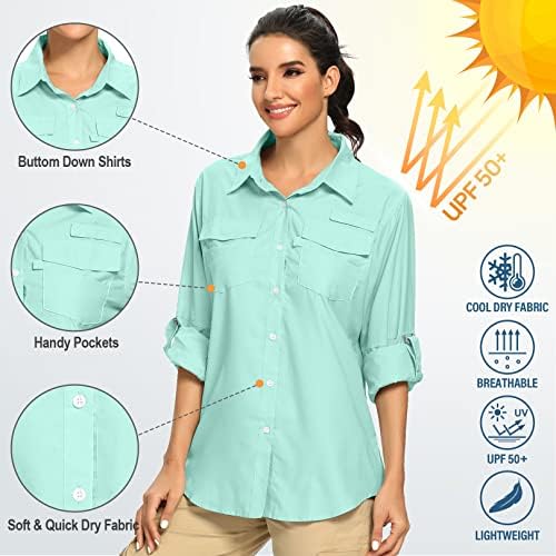 UPF feminina 50 camisas de safari de manga longa, proteção solar rápida seca de pesca ao ar livre camisa de jardinagem