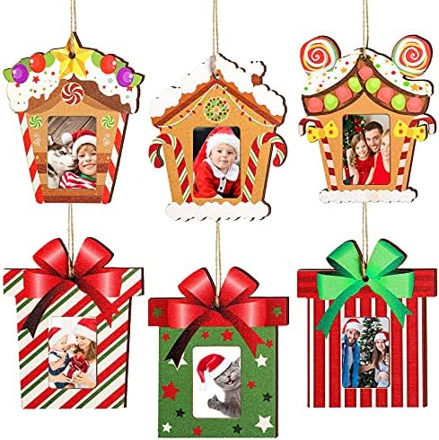 6 peças Ornamentos de moldura de Natal incluídos 3 peças Presente ornamentos de quadros de imagem e 3 peças House Gingerbread House