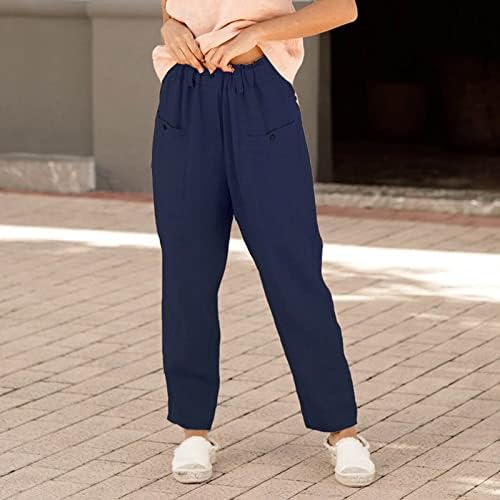 Calça de linho de algodão da cintura elástica da cintura feminina CHGBMOK com bolsos casuais calças de perna larga