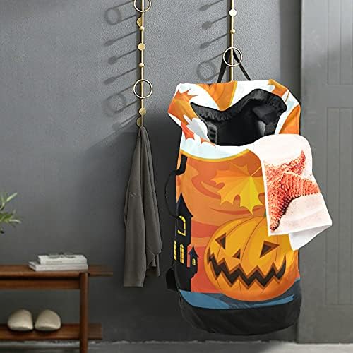 Bolsa de lavanderia de abóbora do castelo de bruxa de Halloween com tiras de ombro para lavanderia Backpack Bolsa de tração de tração