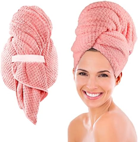 Toalha de cabelo de microfibra grande, embrulho de toalha de cabelo altamente absorvente para mulheres cabelos molhados, toalha de cabelo ultra macio, secagem rápida com alça elástica para cabelos encaracolados, longos e grossos