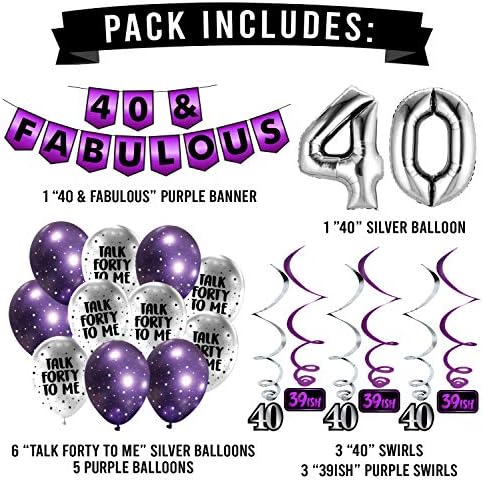 40 e fabuloso festas de aniversário pacote - roxo e prata feliz aniversário, balão e redemoinhos - decorações de aniversário