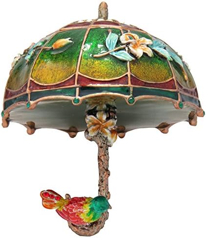 Pássaros em guarda -chuva floral verde esmalteada de cristal antigo colecionável Presente vintage Tira de jóias de jóias