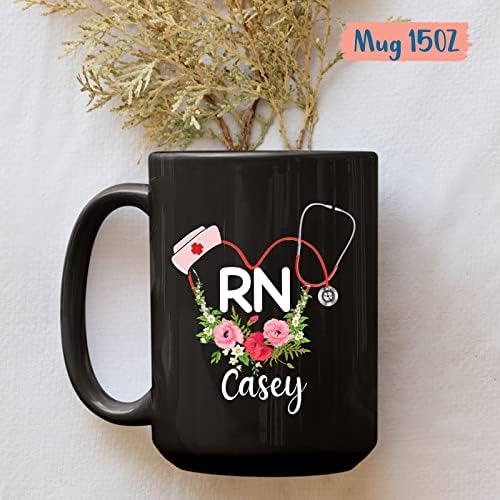 Estetoscópio de flor xícaras presentes, xícara de café personalizada de enfermeira com nome, xícara de cerâmica RN personalizada,