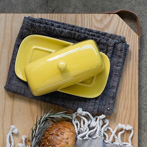 Agora projeta prato de manteiga retângulo de grés com tampa, amarelo de limão 4,5 x 8 pol