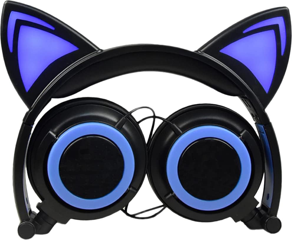 Fones de ouvido de filhos de olyre fofos com orelha de gato piscando LED, dobrável sobre os fones de ouvido de cosplay para adolescentes
