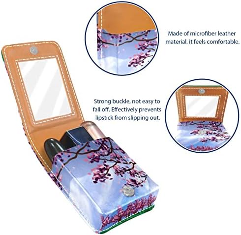 Caixa de batom de oryuekan com espelho bolsa de cosméticos portátil fofa, a cenário de neve nas montanhas de primavera flores