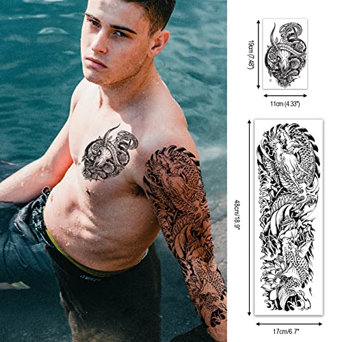 Cuteliili Halloween Tatuagem temporária para homens e mulheres 18 folhas, 8 lençóis tatuagem de manga cheia e 10 folhas de meio braço