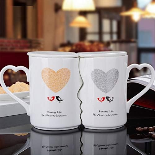 Lkxharleya Creative Kissing Canecas, caneca de café de casal de cerâmica com tampa, 12 oz de chá de chá de coração branco