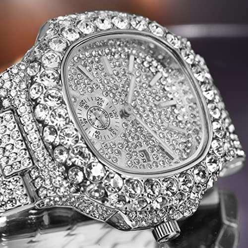 Pladen Luxury masculino Bling Diamond Iced Out Watch Aço inoxidável Quartz de prata à prova d'água para masculino