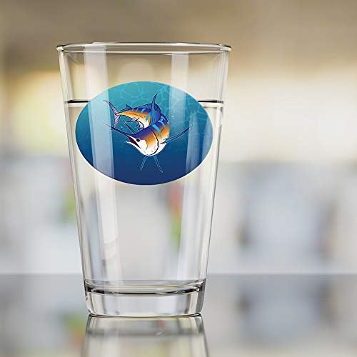 Blue Marlin Natação no oceano 16 oz de vidro, vidro temperado, design impresso e um presente de fã perfeito | Ótimo para bebidas frias,