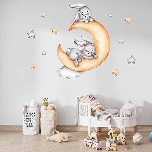 Fanquare Bunny dormindo na lua Decalques de parede Lua e estrelou os adesivos de parede descascam e decoram a decoração de parede para crianças, decoração de quarto de garotas
