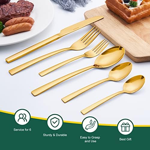 Perhome 30 peças talheres dourados com bandeja, utensílios de alimentação de utensílios definidos para 6, utensílios
