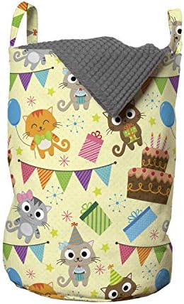Bolsa de lavanderia de feliz aniversário de Ambesonne, gatos engraçados de desenhos animados e bandeiras de festa com