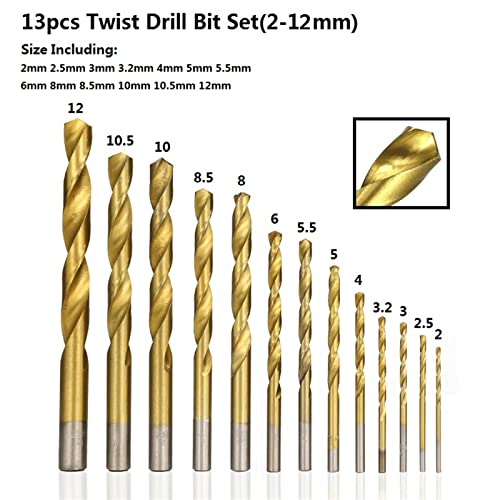 Bit de broca de torção Conjunto de broca de titânio de 1,5-12mm para ferramentas de madeira de madeira de metal ferramentas de perfuração 13pcs