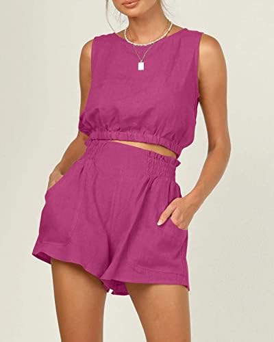 Automot Women's Summer 2 peças roupas shorts conjuntos com calça redonda de pescoço redondo e shorts de cintura alta com bolsos