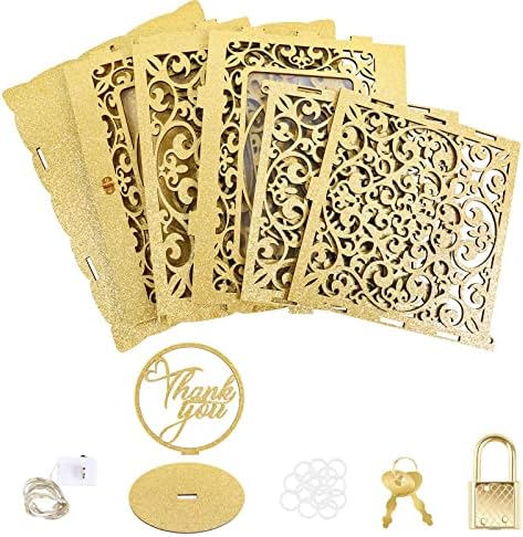 Caixa de cartão de casamento de ouro com bloqueio e luzes de fada LED, caixa de cartão -presente de madeira brilhante para a recepção
