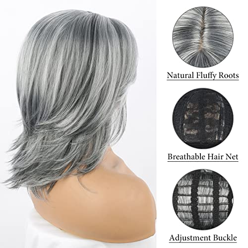 Jolelyne Silver Grey ombre perucas em camadas com franja de cortina para mulheres sintéticas curtas curtas cinza