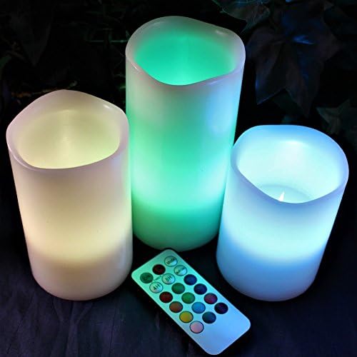 Bateria de velas sem chamas com múltiplas coloridas LED operada, 3 redonda de cera de marfim com controle remoto de timer multifuncional,