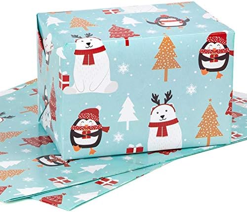 Maypluss Christmas Papel de embrulho grande lençol grande - dobrado - 3 lençóis grandes - pinguim, design de boneco de