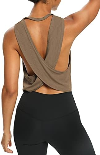 Bestisun feminino aberto tops back tops cortados solto ajuste com nervuras de ioga tampas de ioga sem camisa esportiva