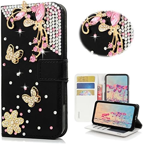 Stenenes LG K30 Case - Elegante - 3D Bling Bling Crystal Pretty Butterfly Flowers Cartão de crédito Slots Dobra Stand Cover Caso para LG K30 / LG K10 2018 / LG Premier Pro - Black