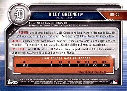 2019 Bowman Draft #BD-50 Riley Greene RC Rookie Detroit Tigers MLB Baseball Trading Card