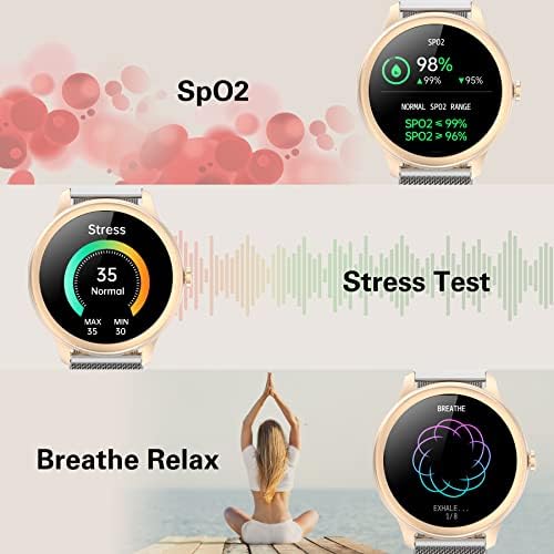 BIRIBEJAT BT5 Smart Watch for Women Compatible iPhone Samsung Android Phones Assistente de voz, SPO2/Frequência cardíaca/sono em tempo real, Monitor de aço inoxidável magnético, ouro claro