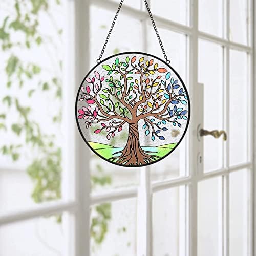 Tuitessine Tree of Life Stained Suncatcher SunCatcher Four Seasons Tema Colorido Folhas de Janela pendurada Ornamento Ornamento