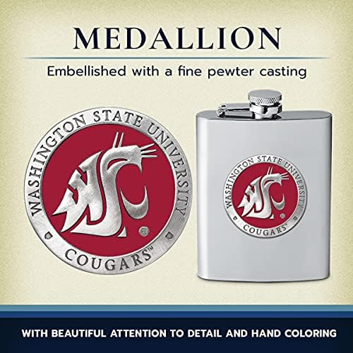 Heritage Pewter Washington State Cougars Flask | Recipiente de frasco de licor de 8 onças - aço inoxidável | Metal de metal intricadamente