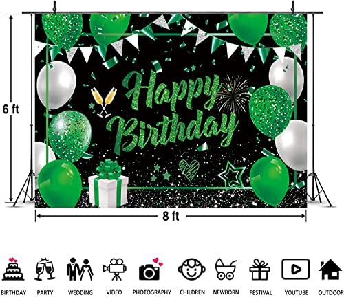 Decorações de feliz aniversário, pano de fundo verde preto glitter de aniversário sinal