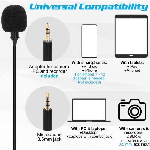 Microfone de lapela Lavalier de grau profissional para Vivo S6 5G Compatível com telefone iPhone ou câmera blogando vlogging