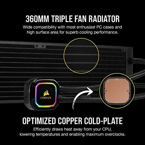 Corsair Hydro Series H150i Pro RGB AIO Liquid CPU Cooler, radiador de 360 ​​mm, fãs de PWM da série tripla de 120 mm, iluminação RGB avançada e controle de software de ventilador, Intel 115x/2066 e AMD AM4 COM