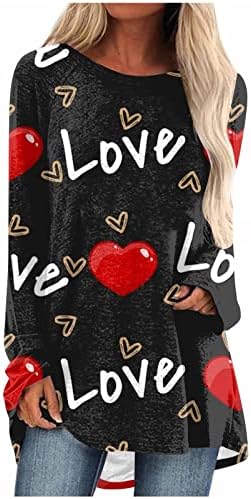 Camisas do Dia dos Namorados para mulheres Love Love Heart Prinha Longa Blusa Longa Túdos Casuais de Tunica para usar com leggings